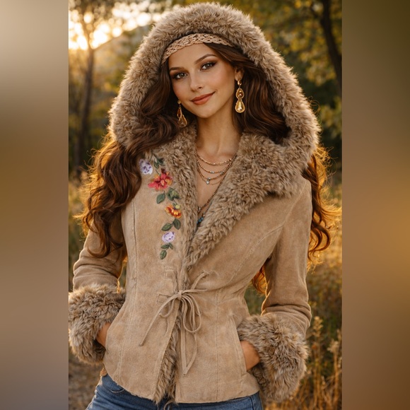 Together Jackets & Blazers - Together Tan Teddy suede Jacket with Floral Embroidery